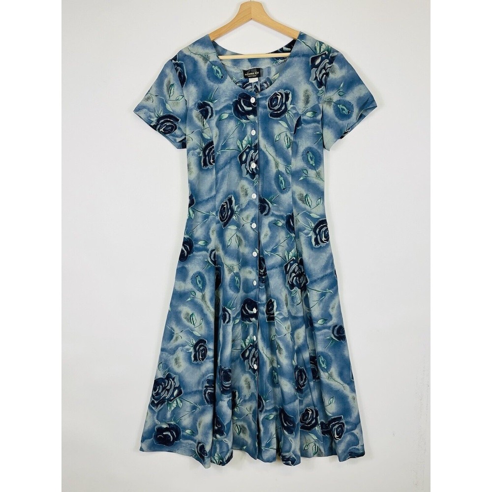 Paradise Bay Hawaii Hawaiian Midi Dress Rayon Blue Rose Floral Womens Sz Large‎